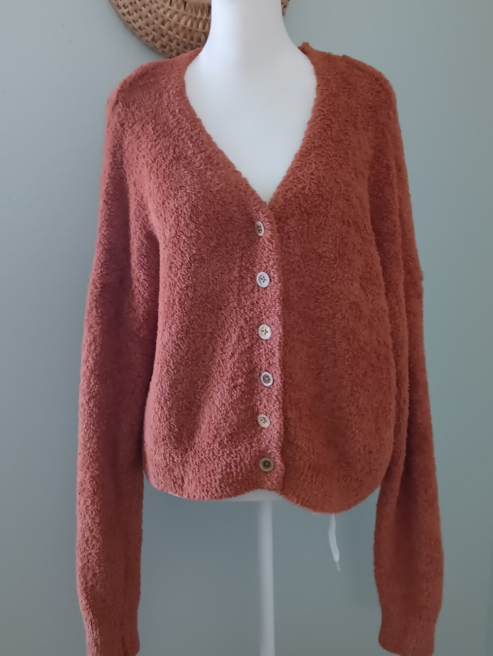 Chelsea & Violet Teddy Bear Plush Button-Front Cardigan in Rust